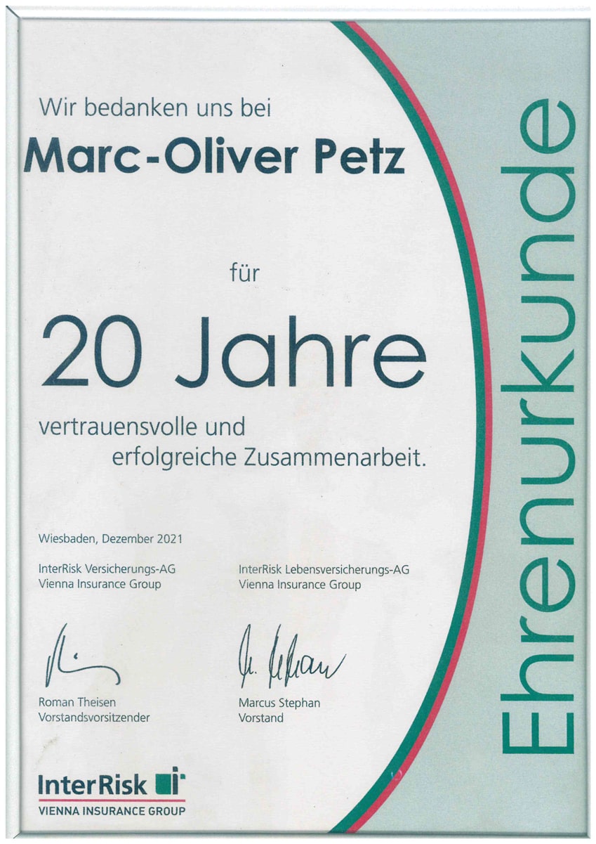 Ehrenurkunde 20 Jahre vertrauensvolle Zusammenarbeit mit der InterRisk Versicherung