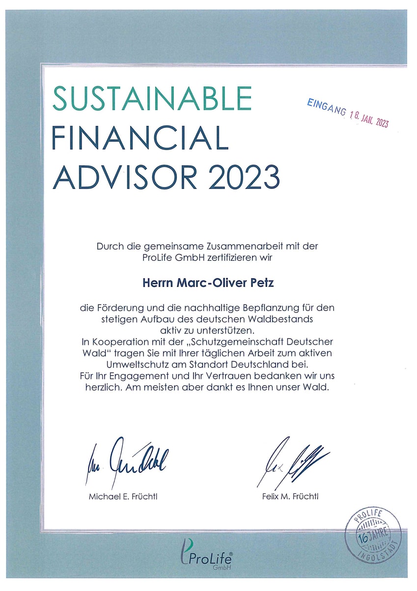 Unterstützer der Förderung und der nachhaltigen Bepflanzung für den stetigen Aufbau des deutschen Waldbestandes in Zusammenarbeit mit der ProLife GmbH